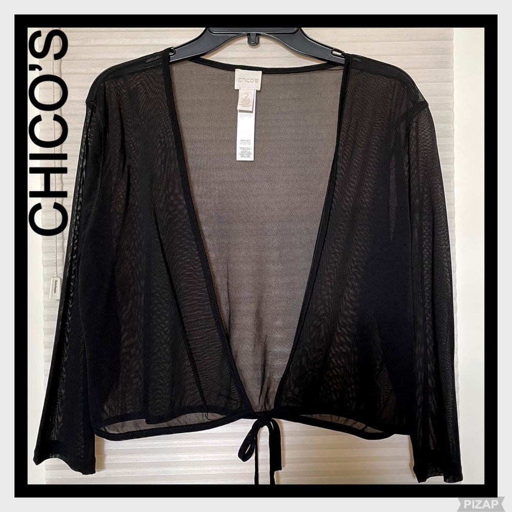 CHICO’S BLACK SHEER LONG SLEEVED BOLERO WAISTED TIE TOP - EVENING PARTY WEAR